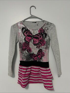 Girls' Gray & Pink Butterfly Long Sleeve Top